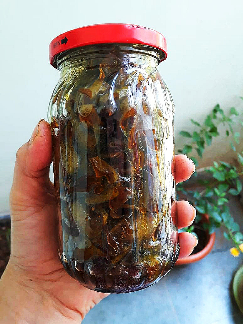 Homemade Recipe of Raw Mango Peel Achar - store in a glass jar